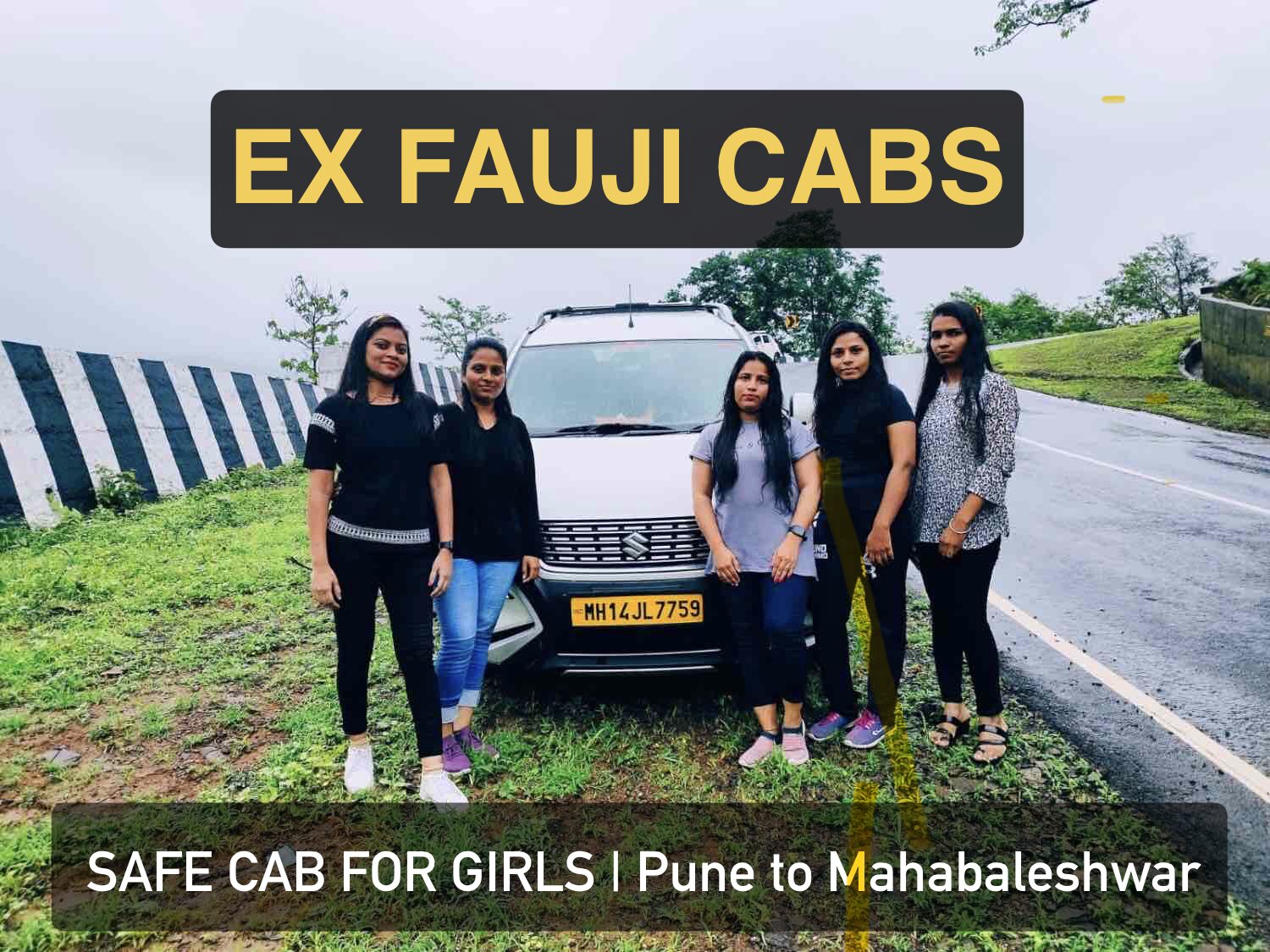 HAPPY FEMALE FRIENDS GROUP ENJOYING SAFE AND SECURE PUNE TO MAHABALESHWAR CAB SERVICE ON SCENIC MONSOON GHAT ROAD WITH EX FAUJI TOURS ERTIGA - SAFE CAB FOR GIRLS IN PUNE